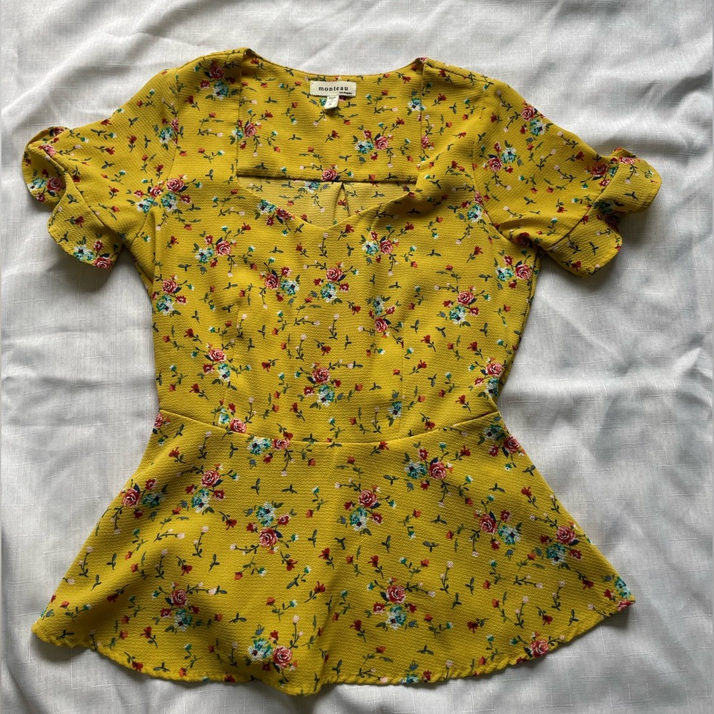 Monteau Women's Yellow Floral Blouse, Short Sleeve, Size Small